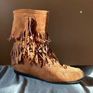 Brown Fringed Leather Boots Terracotta